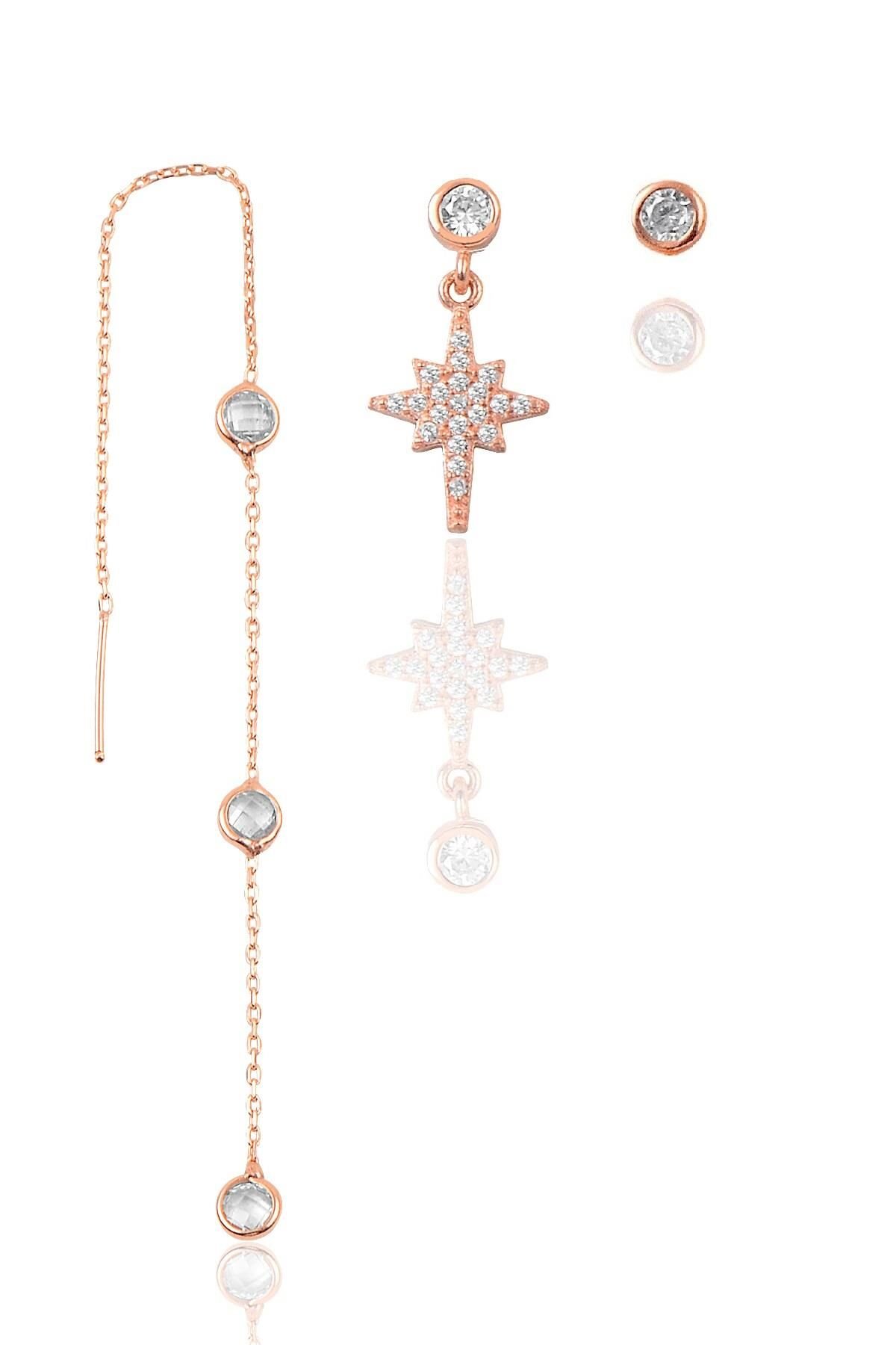 Gümüş rose zirkon taşlı  kutup yıldızı kombin üçlü küpe seti  SGTL11383ROSE