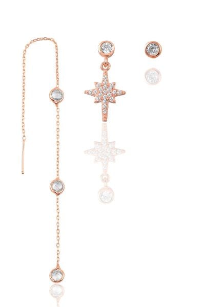 Gümüş rose zirkon taşlı  kutup yıldızı kombin üçlü küpe seti  SGTL11383ROSE