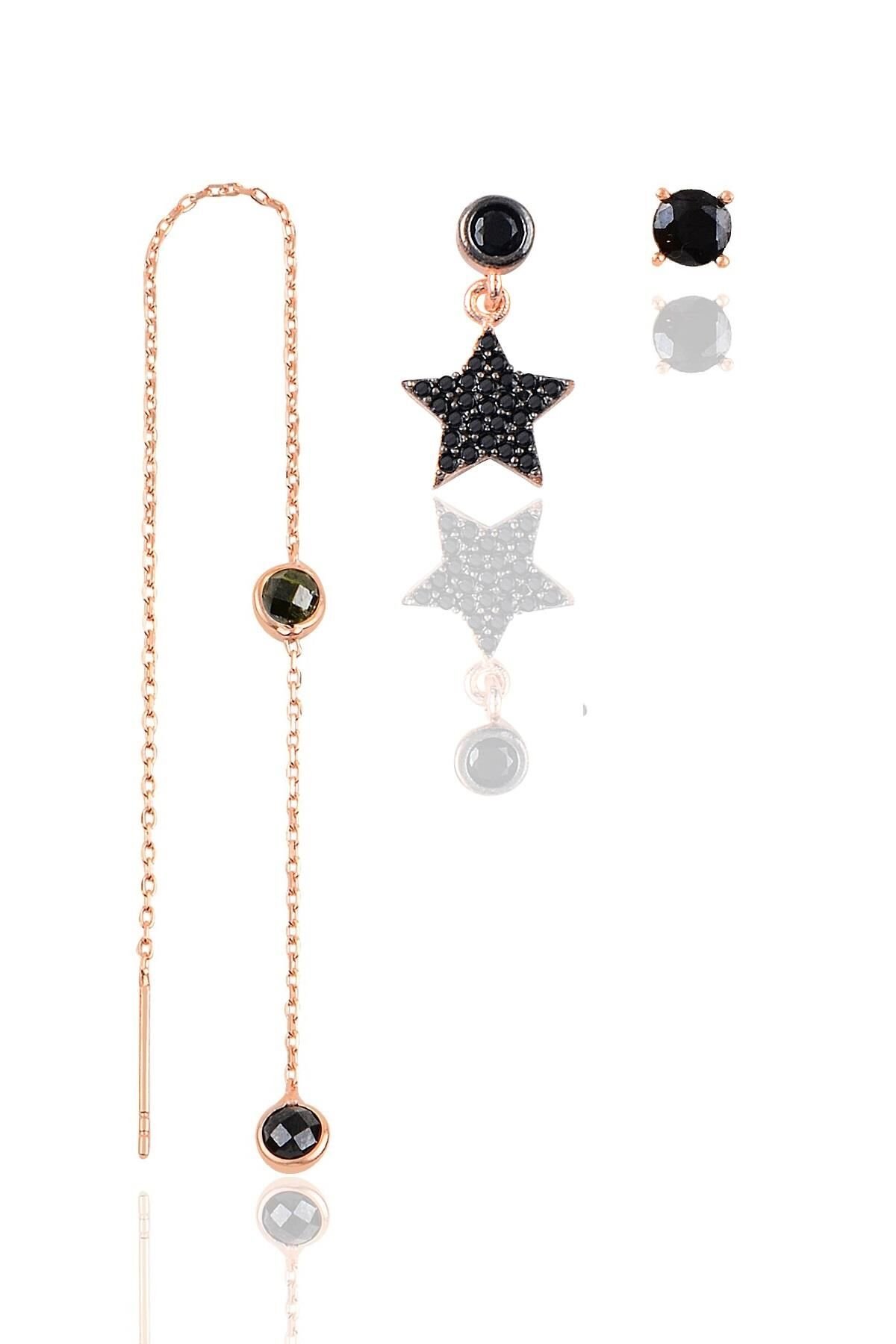 Gümüş rose onix  taşlı  yıldız kombin üçlü küpe seti  SGTL11382SIYAH