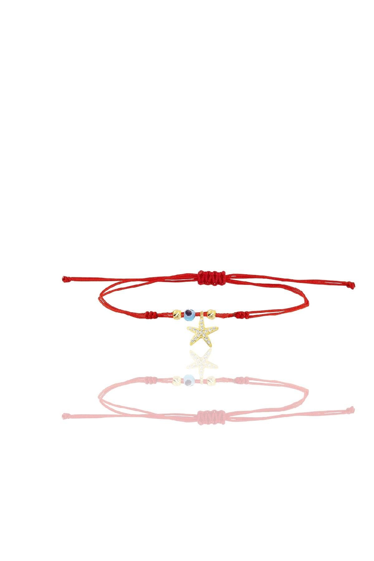 Gümüş altın yaldızlı zirkon taşlı nazarlı deniz yıldızı ipli şans bileklik SGTL12442GOLD