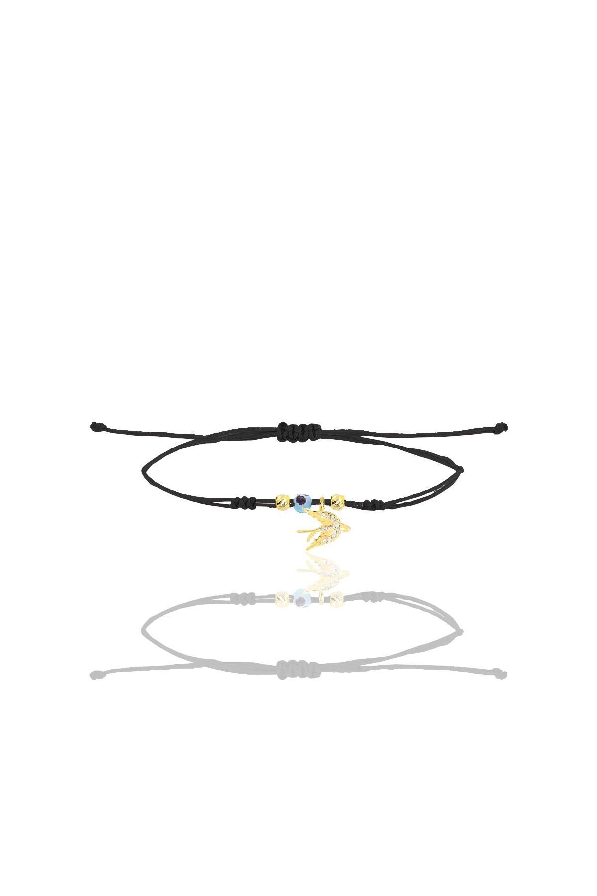 Gümüş altın yaldızlı zirkon taşlı nazarlı kırlangıç siyah ipli şans bileklik SGTL12452GOLD