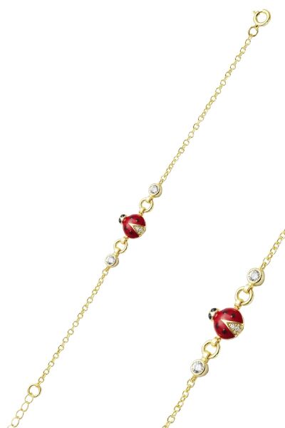 925 Ayar Gümüş Altın Yaldızlı Kırmızı Mineli Uğur Böceği Figürlü Çocuk Bileklik SGTL13296GOLD