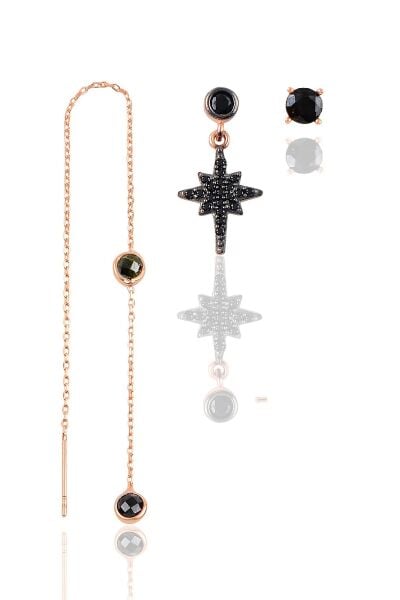 Gümüş rose onix  taşlı  kutup yıldızı kombin üçlü küpe seti  SGTL11381SIYAH