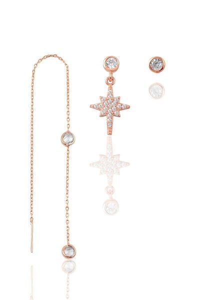 Gümüş rose zirkon taşlı  kutup yıldızı kombin üçlü küpe seti  SGTL11381ROSE