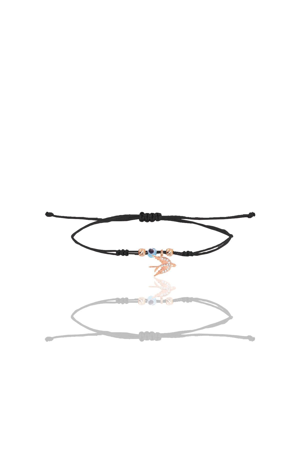 Gümüş rose zirkon taşlı nazarlı kırlangıç siyah ipli şans bileklik SGTL12452ROSE