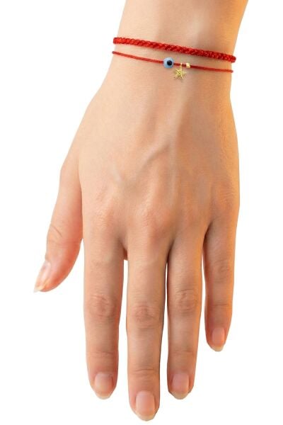 925 Ayar Gümüş Altın Yaldızlı Deniz Yıldızı ve Nazar Boncuklu İkili Kırmızı İp Bileklik - Şans Bilekliği SGTL13293GOLD