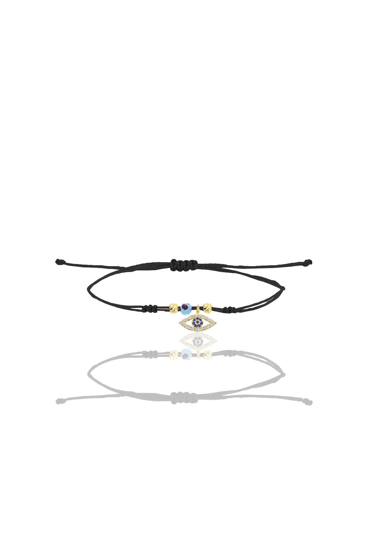 Gümüş altın yaldızlı zirkon taşlı nazarlı mekik göz siyah ipli şans bileklik SGTL12453GOLD