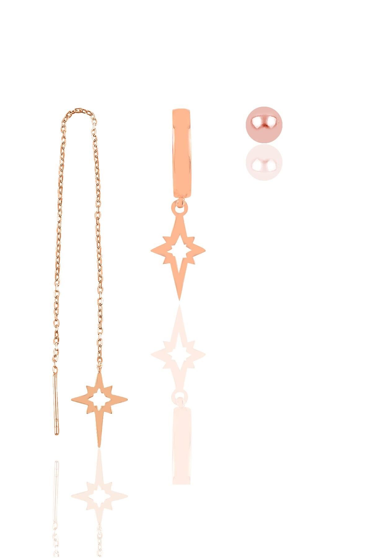 Gümüş rose kutup yıldızı kombin üçlü küpe seti  SGTL11380ROSE