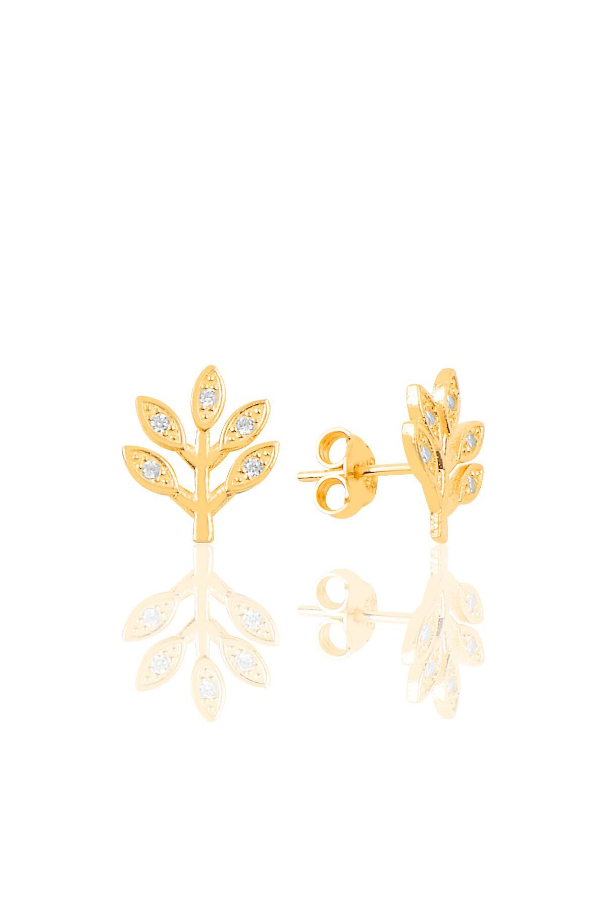 Gümüş altın yaldızlı zirkon taşlı  ağaç küpe SGTL9726GOLD