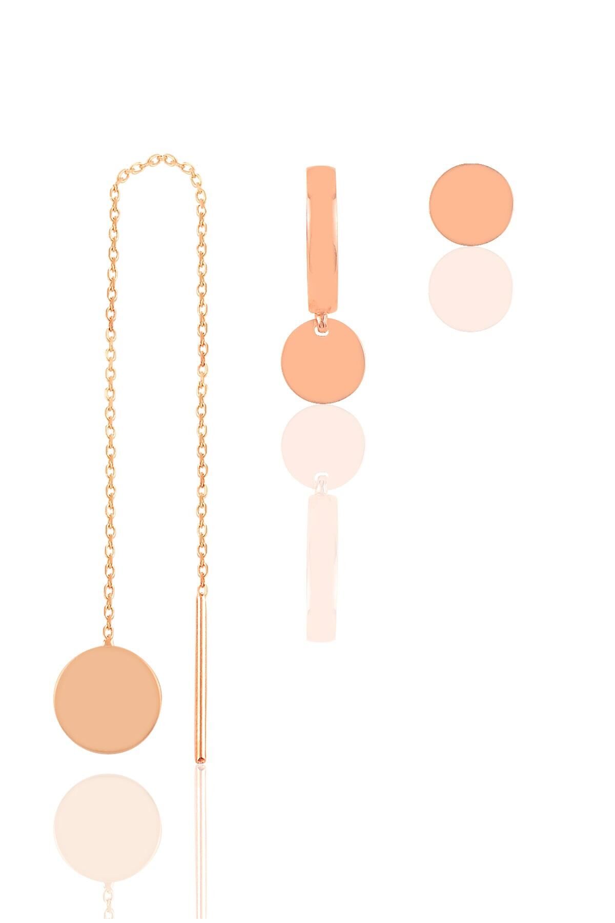 Gümüş rose  yuvarlak kombin üçlü küpe seti  SGTL11379ROSE