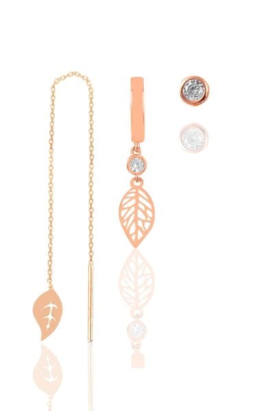 Gümüş rose zirkon taşlı yaprak kombin üçlü küpe seti  SGTL11378ROSE