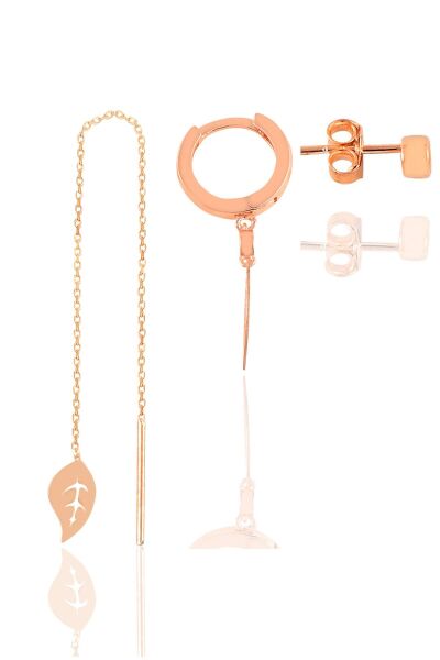 Gümüş rose zirkon taşlı yaprak kombin üçlü küpe seti  SGTL11378ROSE