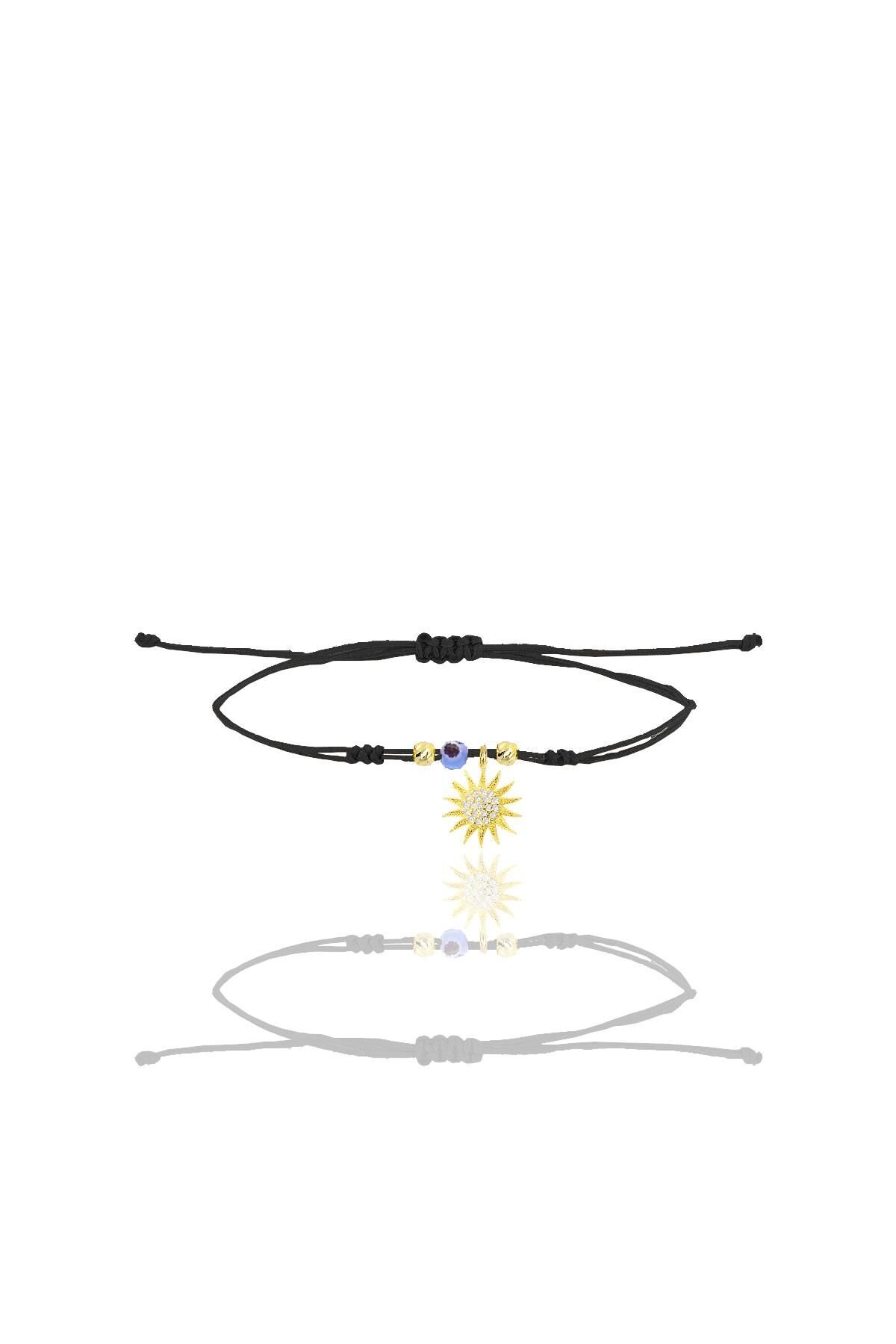 Gümüş altın yaldızlı zirkon taşlı nazarlı güneş siyah ipli şans bileklik SGTL12454GOLD