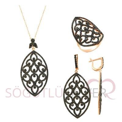 Rose siyah taşlı özel tasarım üçlü set set8272