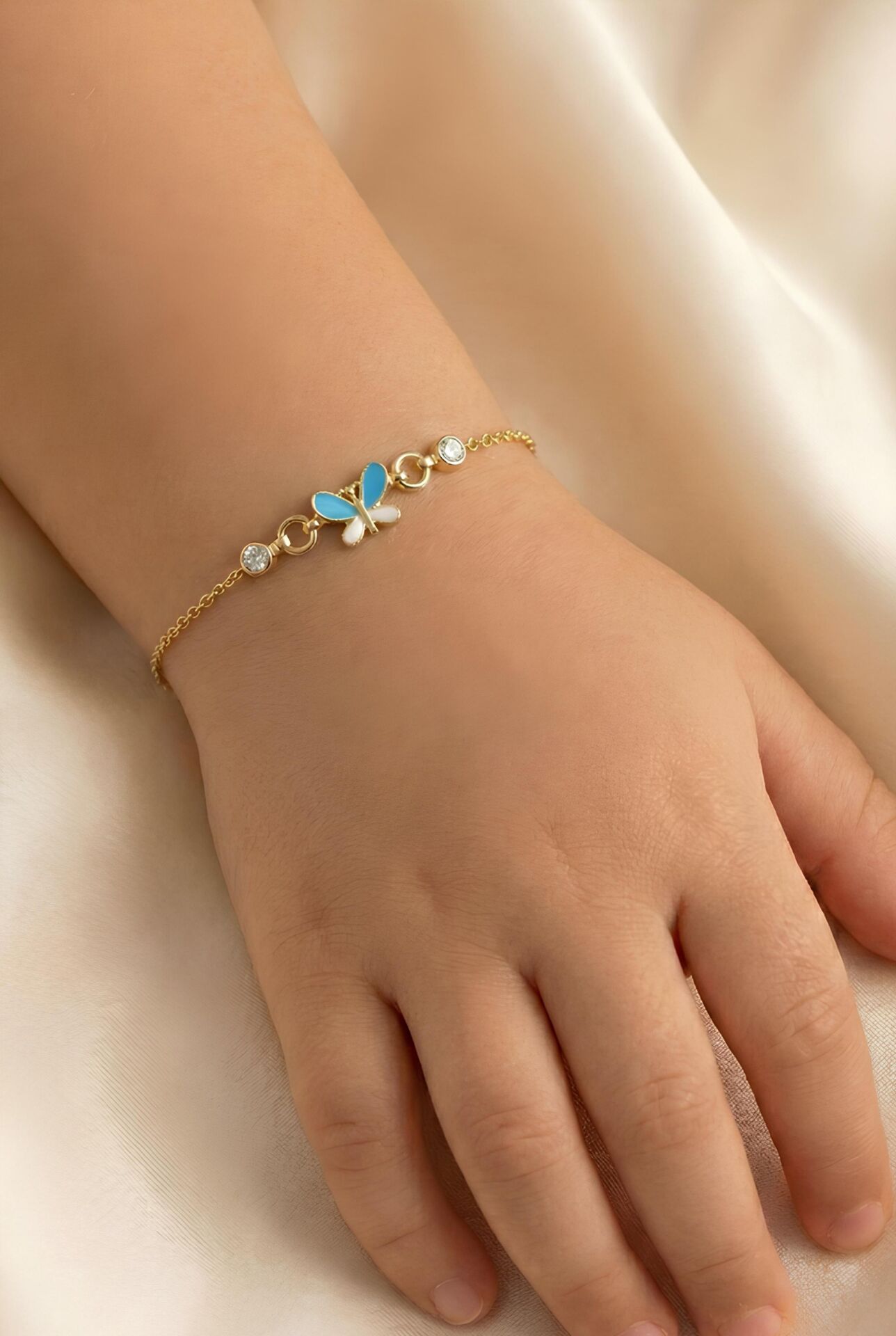 925 Ayar Gümüş Bileklik Altın Yaldızlı Mavi Mineli Kelebek Figürlü Çocuk Bileklik SGTL13295GOLD