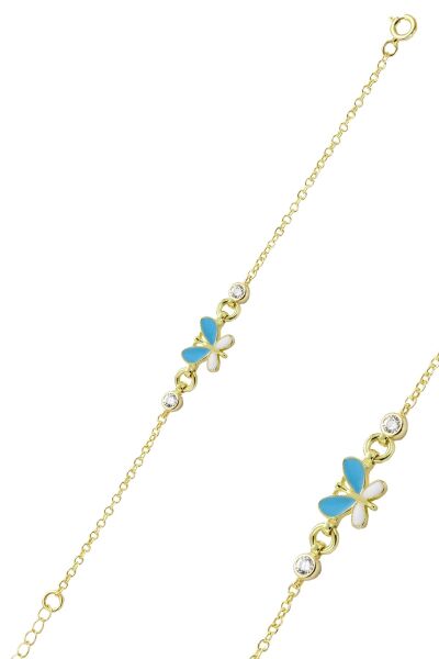 925 Ayar Gümüş Bileklik Altın Yaldızlı Mavi Mineli Kelebek Figürlü Çocuk Bileklik SGTL13295GOLD