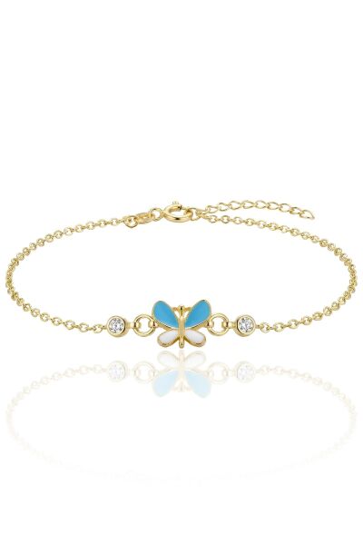 925 Ayar Gümüş Bileklik Altın Yaldızlı Mavi Mineli Kelebek Figürlü Çocuk Bileklik SGTL13295GOLD