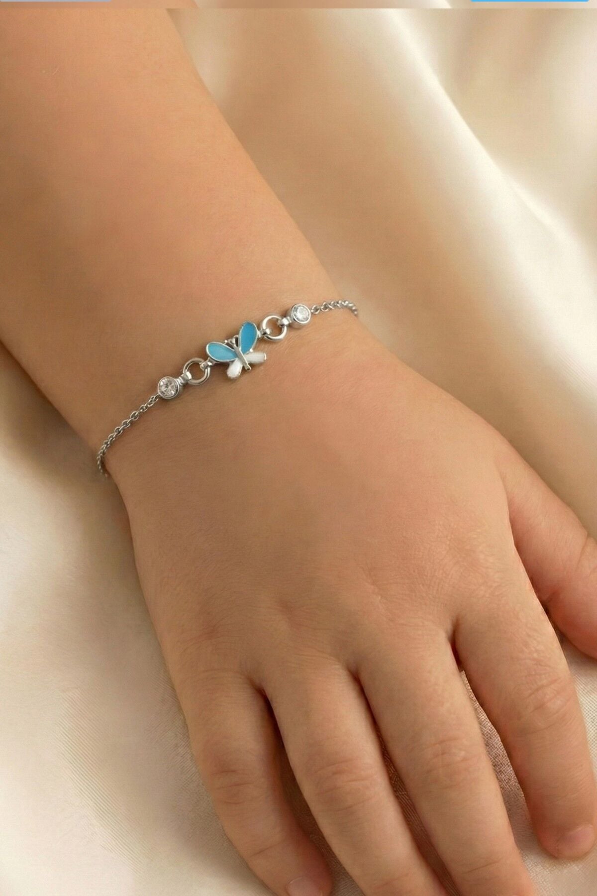 925 Ayar Gümüş Bileklik Mavi Mineli Kelebek Figürlü Çocuk Bileklik SGTL13295RODAJ