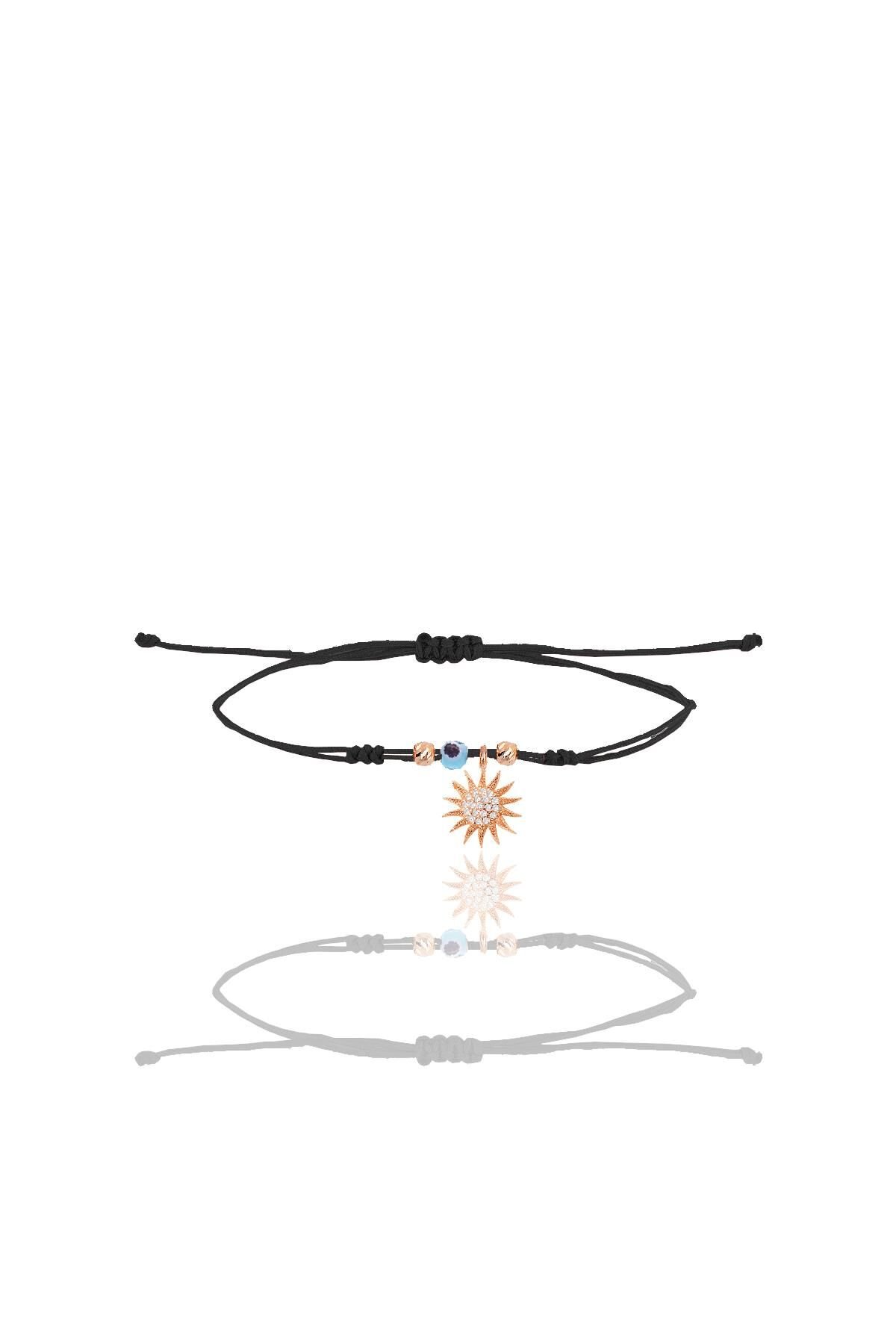 Gümüş rose zirkon taşlı nazarlı güneş siyah ipli şans bileklik SGTL12454ROSE