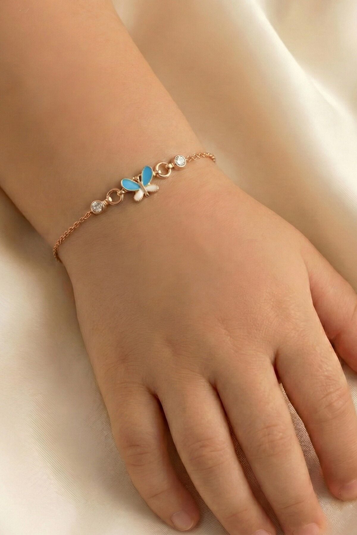 925 Ayar Gümüş Bileklik Rose Mavi Mineli Kelebek Figürlü Çocuk Bileklik SGTL13295ROSE