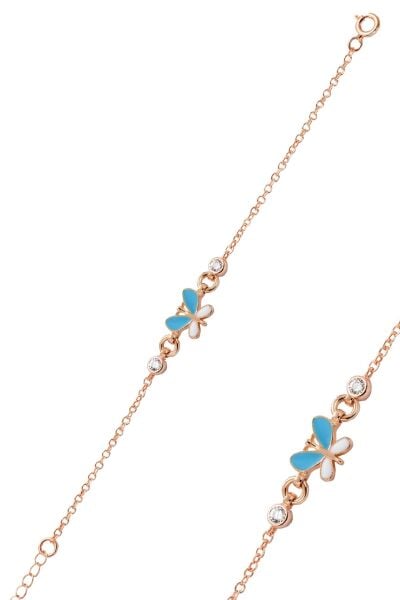 925 Ayar Gümüş Bileklik Rose Mavi Mineli Kelebek Figürlü Çocuk Bileklik SGTL13295ROSE