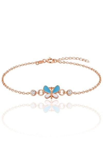 925 Ayar Gümüş Bileklik Rose Mavi Mineli Kelebek Figürlü Çocuk Bileklik SGTL13295ROSE