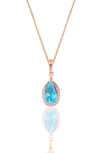 Gümüş rose akuamarin taşlı damla modeli kolye ve küpe ikili set SGTL12073MAVI