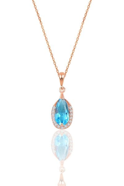 Gümüş rose akuamarin taşlı damla modeli kolye ve küpe ikili set SGTL12073MAVI