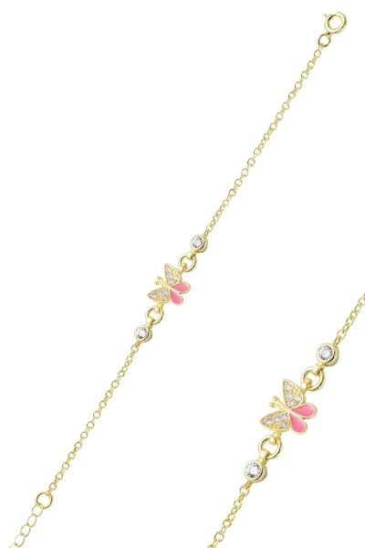 925 Ayar Gümüş Pembe Mineli Altın Kaplama Kelebek Figürlü Çocuk Bileklik SGTL13297GOLD