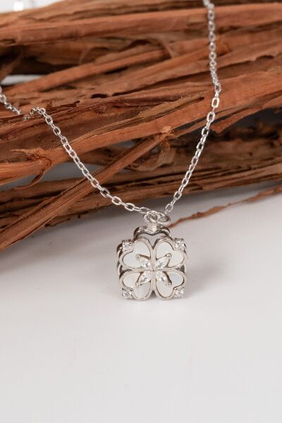 925 Ayar gümüş rodyumlu sedef ve zirkon taşlı sihirli döner çarklı yonca kolye   SGTL13095RODAJ