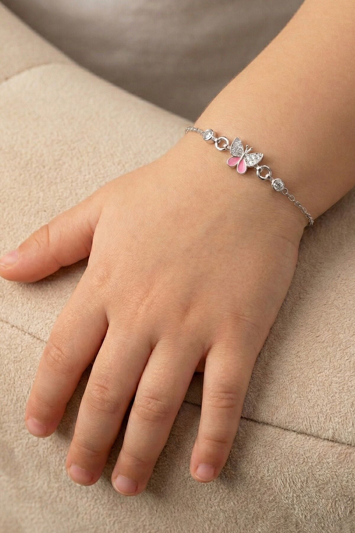 925 Ayar Gümüş Pembe Mineli Kelebek Figürlü Çocuk Bileklik SGTL13297RODAJ