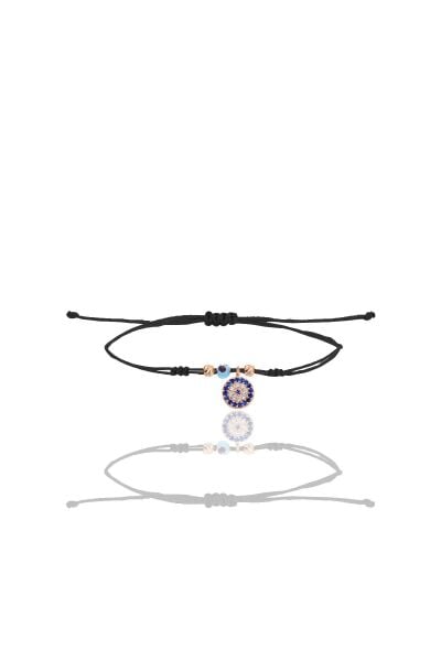 Gümüş rose zirkon taşlı nazarlı siyah ipli şans bileklik SGTL12455ROSE