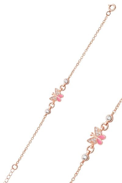 925 Ayar Gümüş Pembe Mineli Rose Kelebek Figürlü Çocuk Bileklik SGTL13297ROSE