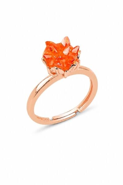 925 Ayar Gümüş Rose Kaplama Ayarlanabilir Üç Boyutlu Küme Taşlı Sitrin ve Turmalin Tonlu Kristal Kuvars Yüzük SGTL13454TRC