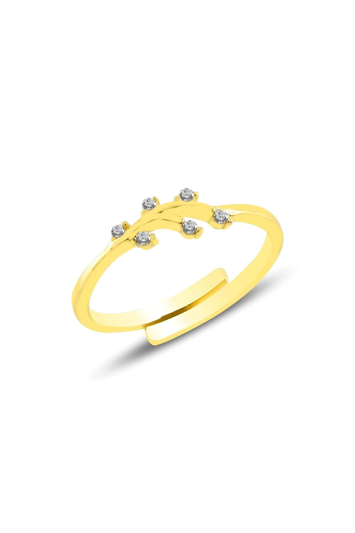 Gümüş altın yaldızlı zirkon taşlı alttan ayarlamalı yaprak  yüzük SGTL11419GOLD