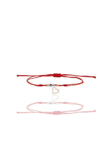 Gümüş rose zirkon taşlı nazarlı içi boş kalp ipli şans bileklik SGTL12448ROSE