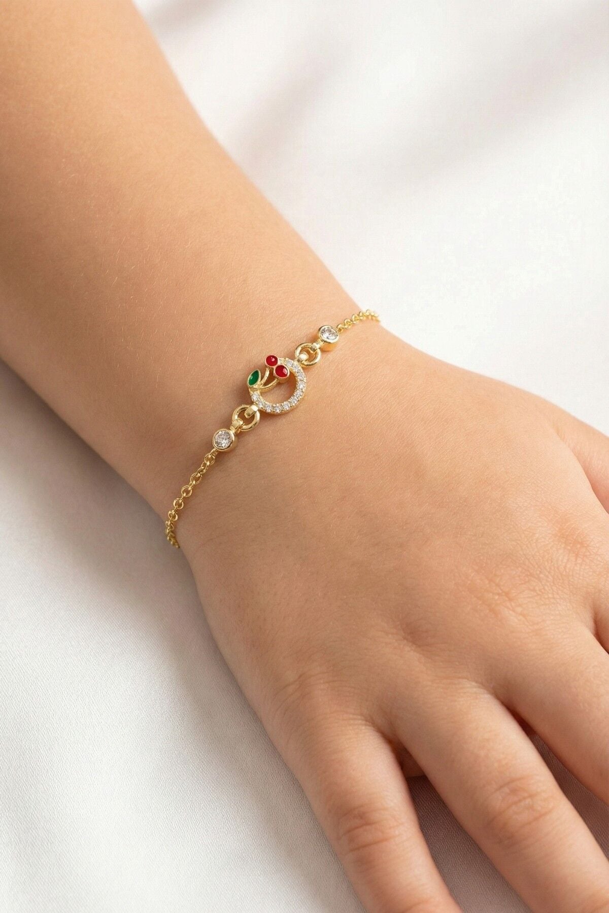 925 Ayar Gümüş Kiraz Figürlü Altın Kaplama Taşlı Çocuk Bileklik SGTL13298GOLD