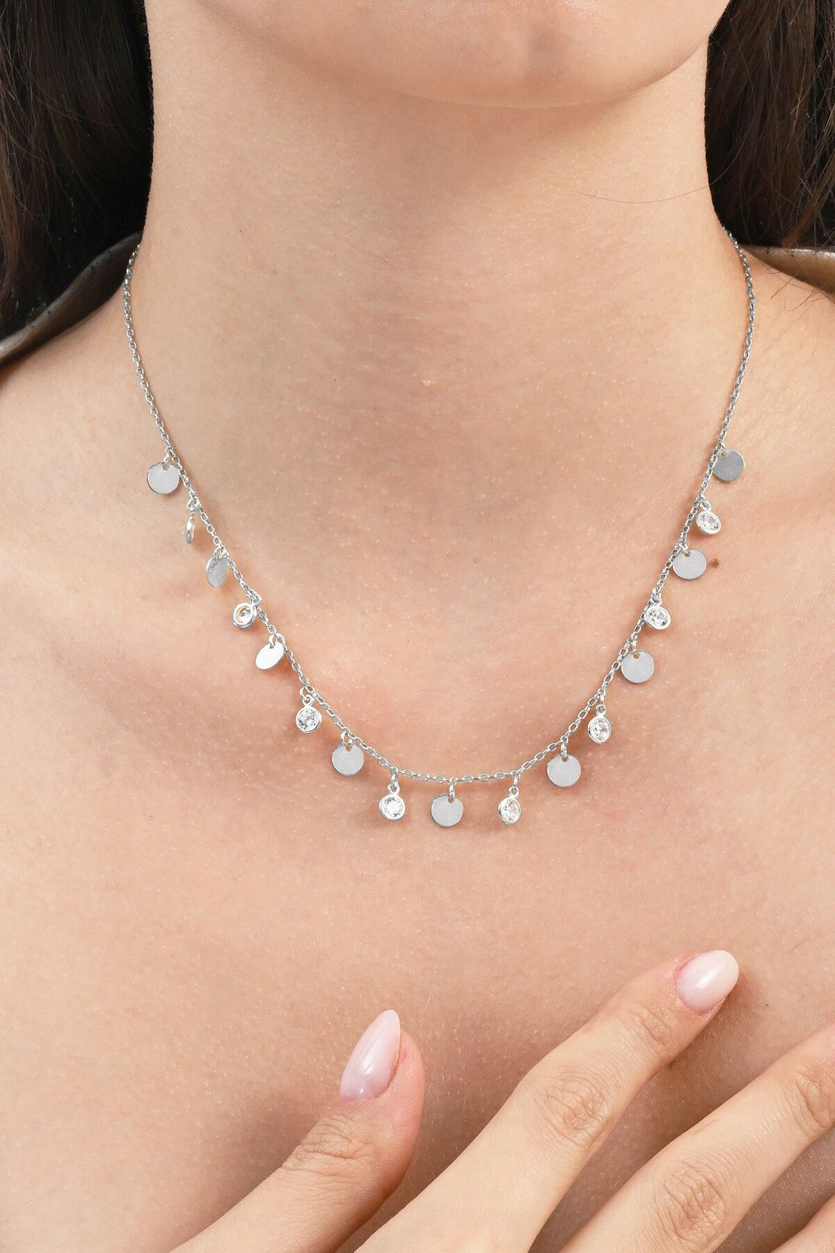 925 ayar gümüş rodyumlu zirkon taşlı gümüş pullu kolye  SGTL13097RODAJ