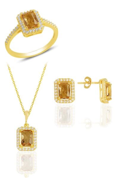 Gümüş altın yaldızlı, renk değiştiren zultanit taşlı baget kesim üçlü set SGTL11527ZLT