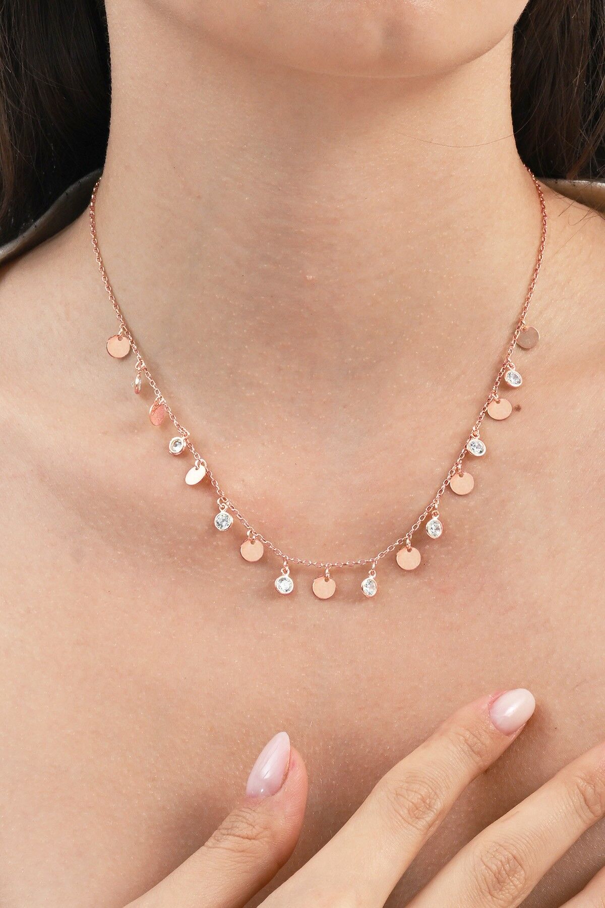 925 ayar gümüş rose zirkon taşlı gümüş pullu kolye  SGTL13097ROSE