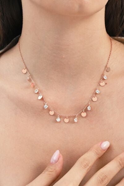 925 ayar gümüş rose zirkon taşlı gümüş pullu kolye  SGTL13097ROSE
