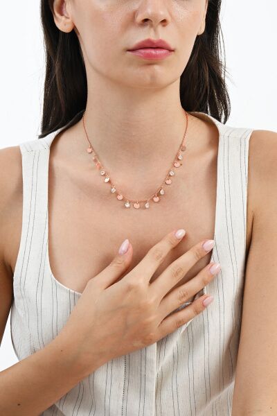 925 ayar gümüş rose zirkon taşlı gümüş pullu kolye  SGTL13097ROSE