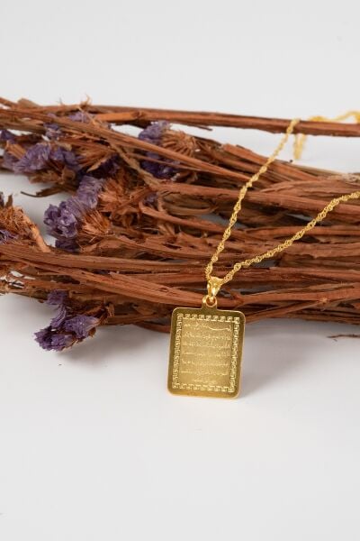 925 Ayar gümüş altın yaldızlı singapur zincirli Ayetel Kürsi yazılı plaka kolye SGTL13098GOLD