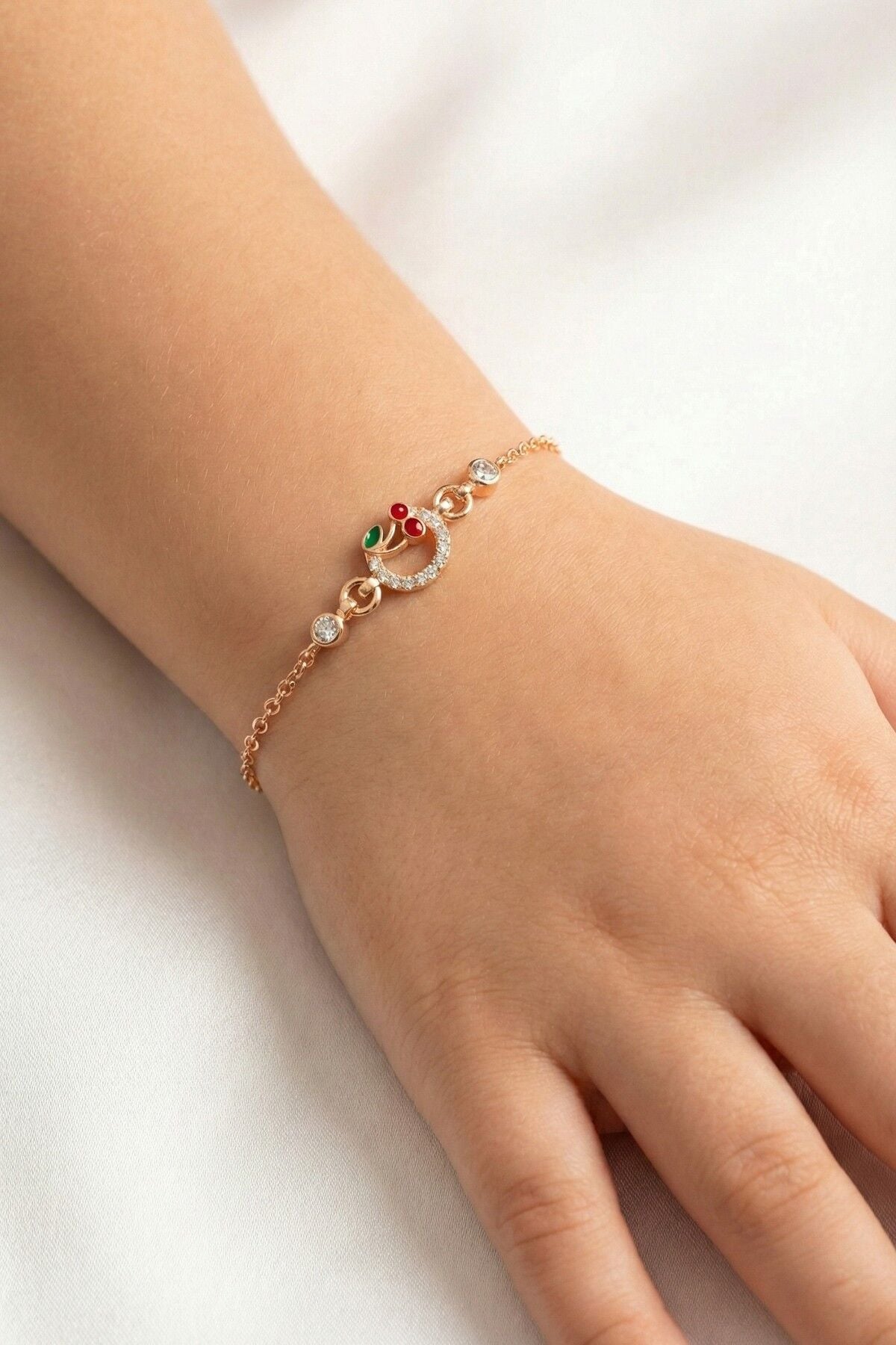 925 Ayar Gümüş Kiraz Figürlü Rose Zirkon Taşlı Çocuk Bileklik SGTL13298ROSE