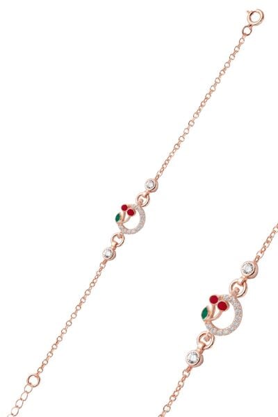 925 Ayar Gümüş Kiraz Figürlü Rose Zirkon Taşlı Çocuk Bileklik SGTL13298ROSE