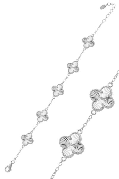 925 Ayar Gümüş Bileklik Rodyumlu 5 Figürlü Özel İşçilikli İtalyan Model Tasarım Yonca Bileklik -Işıltılı Kalem Atımlı Tasarım SGTL13299RODAJ