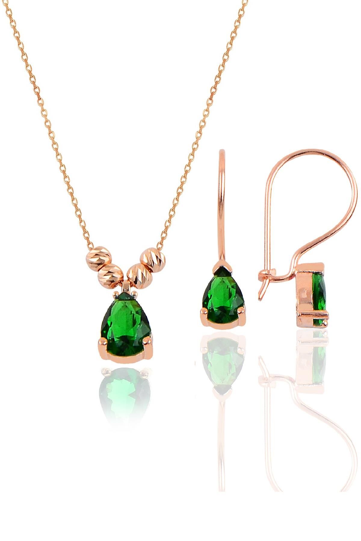 Gümüş rose kök zümrüt taşlı dorica damla kolye ve çengelli küpe seti  SGTL11417YESIL