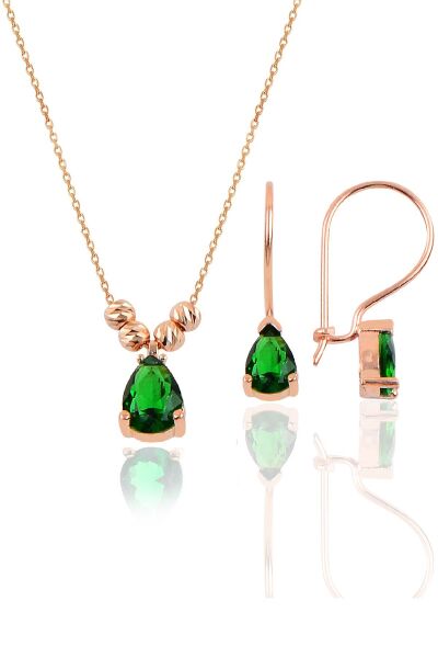 Gümüş rose kök zümrüt taşlı dorica damla kolye ve çengelli küpe seti  SGTL11417YESIL