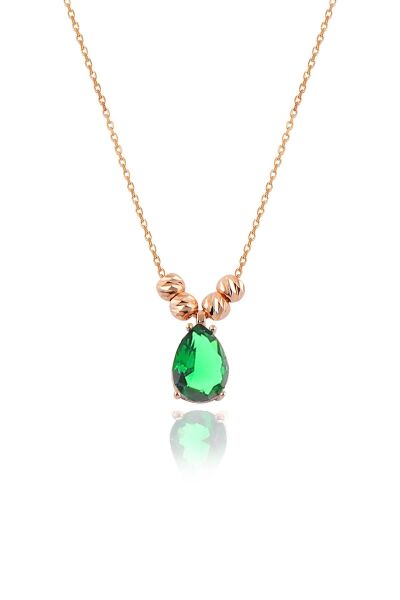 Gümüş rose kök zümrüt taşlı dorica damla kolye ve çengelli küpe seti  SGTL11417YESIL