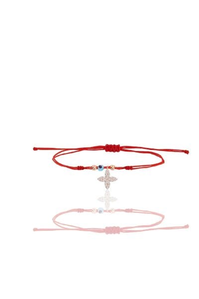 Gümüş rose zirkon taşlı nazarlı dört yapraklı yonca ipli şans bileklik SGTL12450ROSE